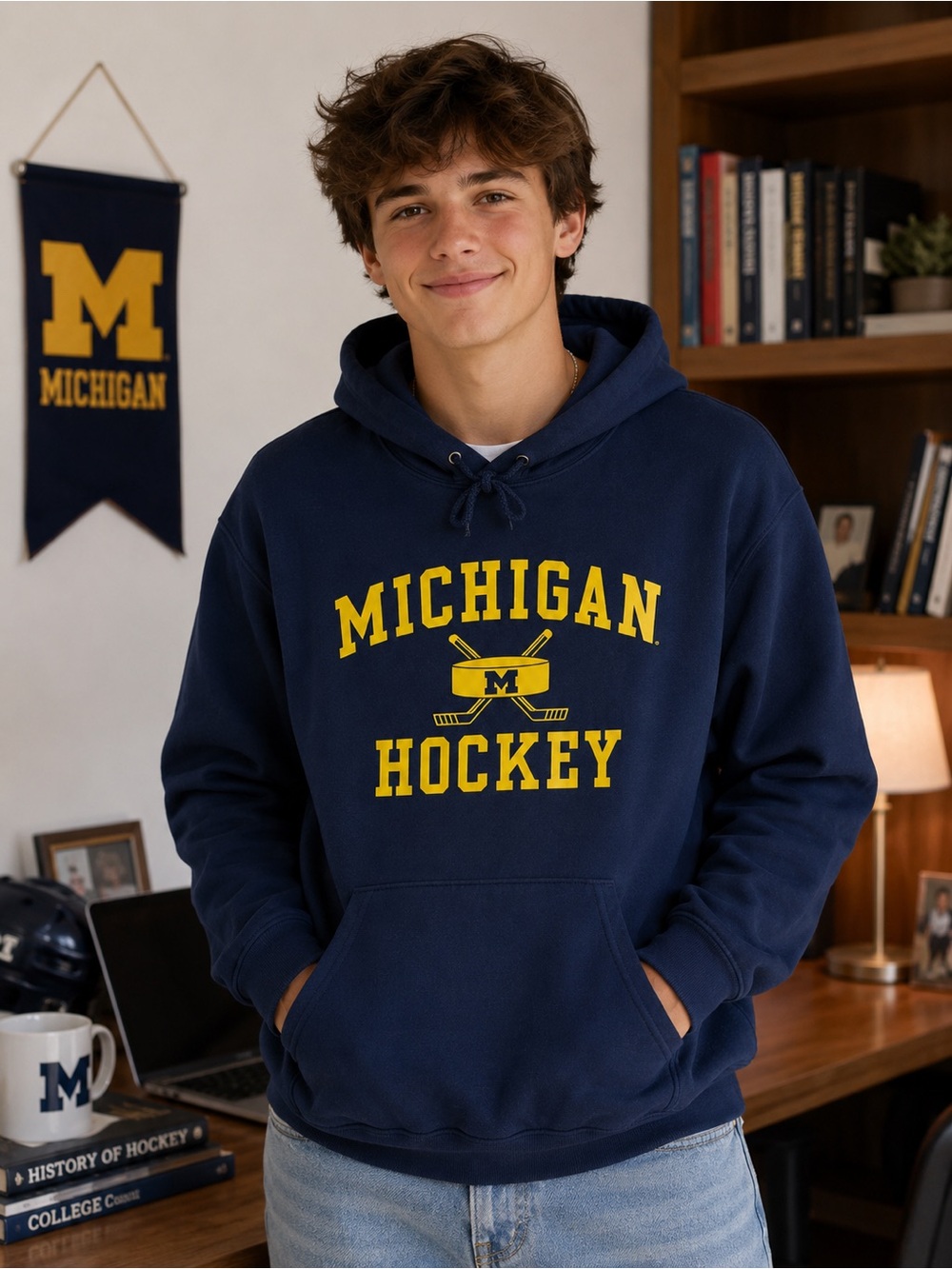 M Den Michigan Hockey Hoodie Medium Navy University of Michigan Pullover